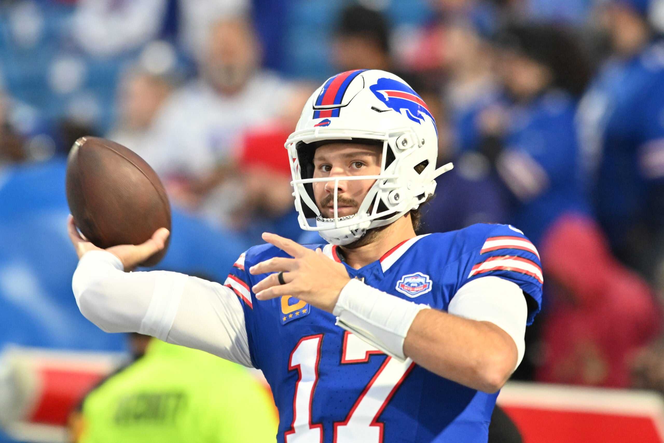 Sep 7, 2025; Orchard Park, New York, USA; Buffalo Bills quarterback Josh Allen (17) warms up prior to the game against the Baltimore Ravens at Highmark Stadium.