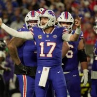 Buffalo Bills quarterback Josh Allen tries to get the attention of the sideline during first half action against the Baltimore Ravens at Highmark Stadium in Orchard Park on Sept. 7, 2025.