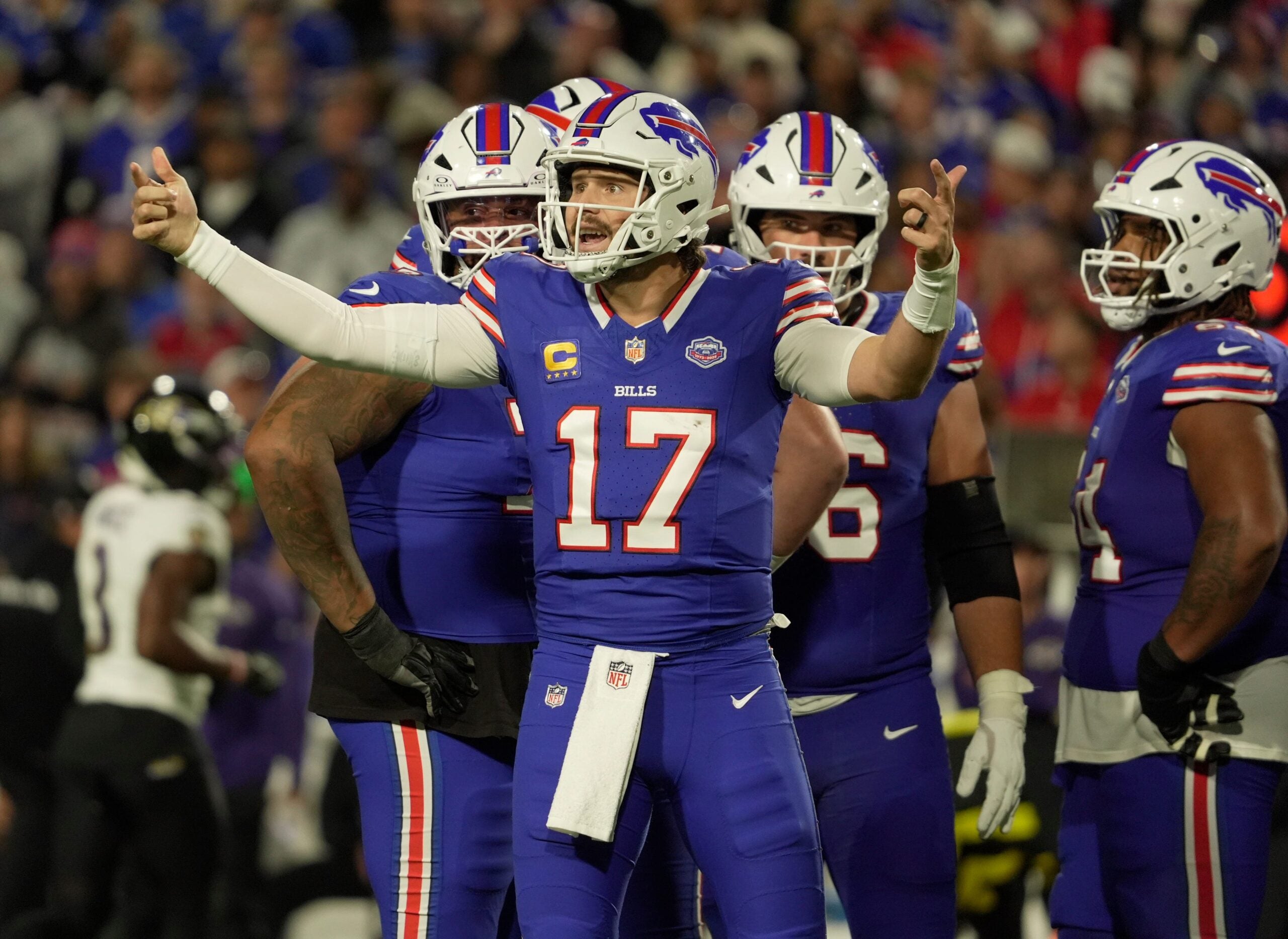 Buffalo Bills quarterback Josh Allen tries to get the attention of the sideline during first half action against the Baltimore Ravens at Highmark Stadium in Orchard Park on Sept. 7, 2025.