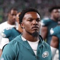 Sep 4, 2025; Philadelphia, Pennsylvania, USA; Philadelphia Eagles linebacker Nakobe Dean (17) against the Dallas Cowboys at Lincoln Financial Field.