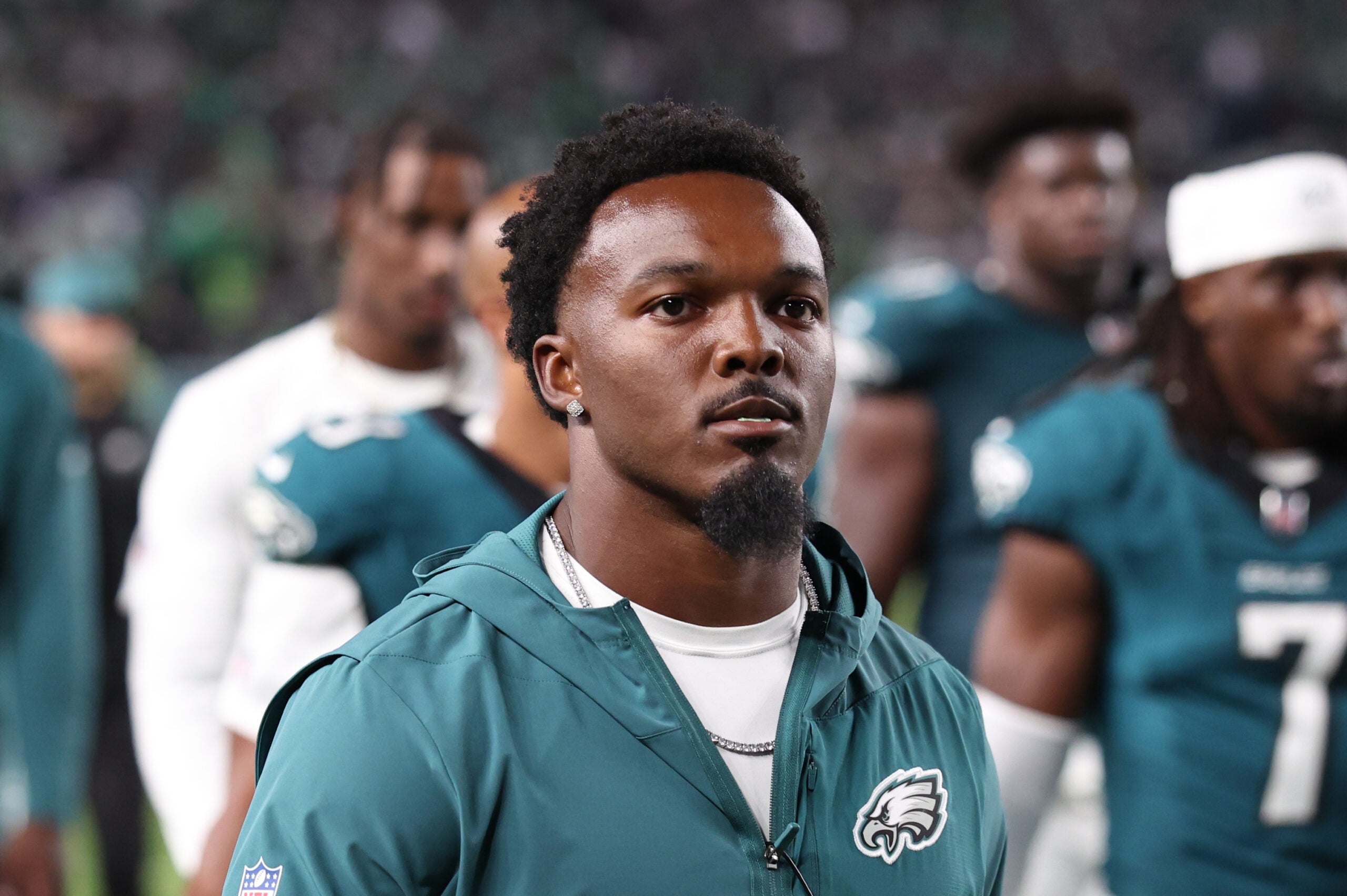 Sep 4, 2025; Philadelphia, Pennsylvania, USA; Philadelphia Eagles linebacker Nakobe Dean (17) against the Dallas Cowboys at Lincoln Financial Field.