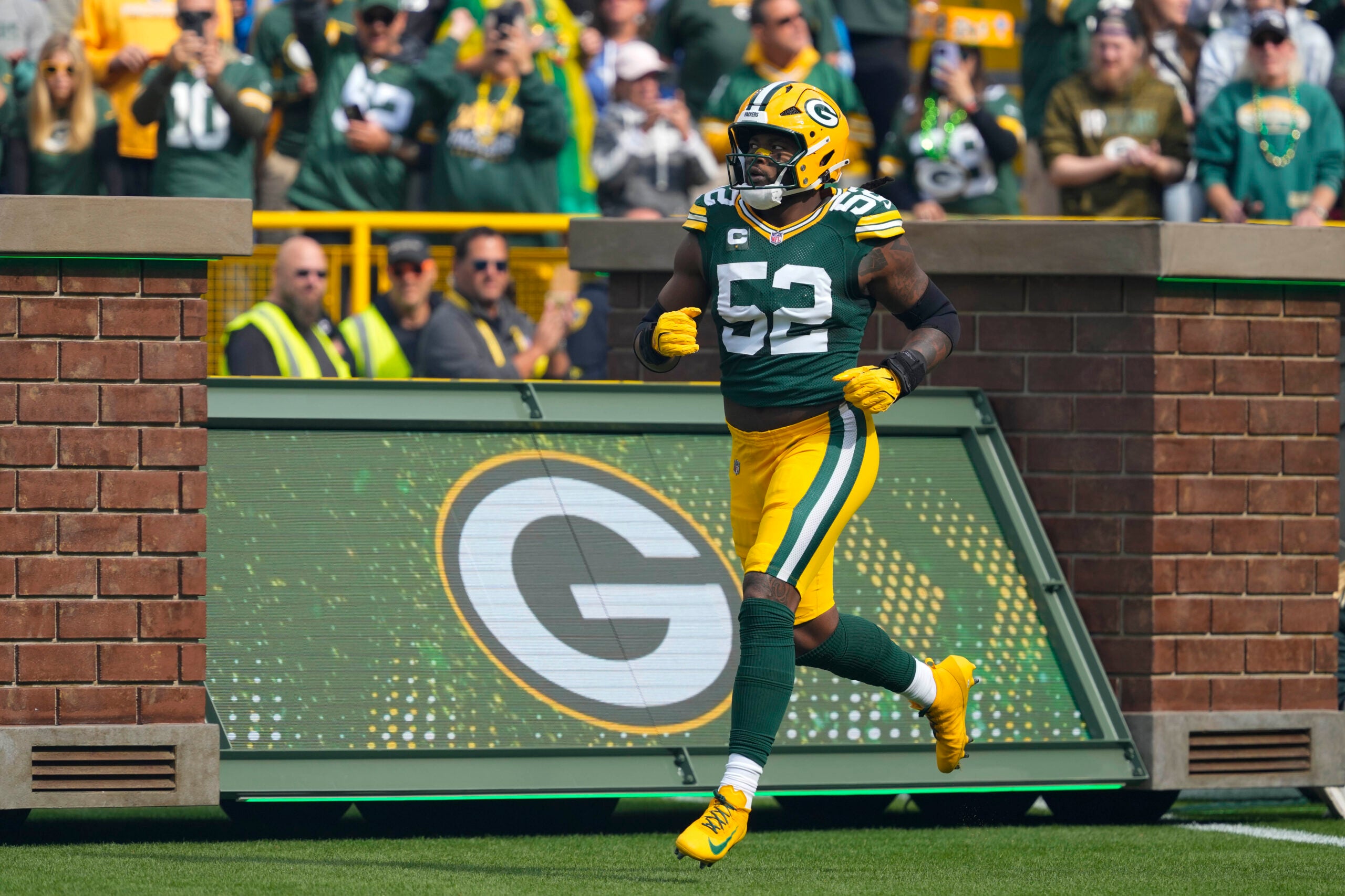 Sep 7, 2025; Green Bay, Wisconsin, USA; Green Bay Packers defensive lineman Rashan Gary (52) prior to the game against the Detroit Lions at Lambeau Field.