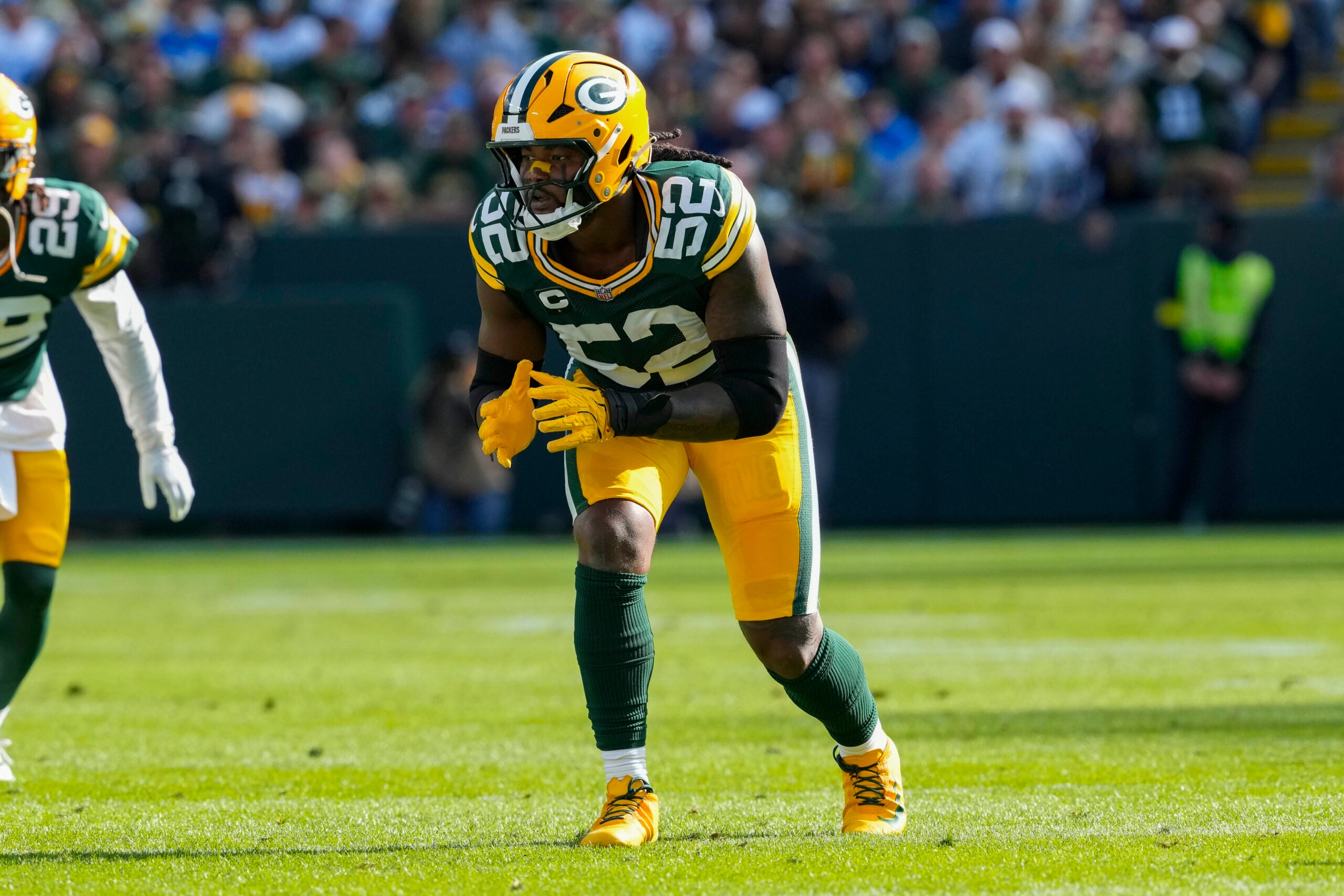 Sep 7, 2025; Green Bay, Wisconsin, USA; Green Bay Packers defensive lineman Rashan Gary (52) during the game against the Detroit Lions at Lambeau Field.