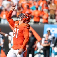 Sep 14, 2025; Cincinnati, Ohio, USA; Cincinnati Bengals defensive end Trey Hendrickson (91) celebrates his sack during the fourth quarter against the Jacksonville Jaguars at Paycor Stadium.