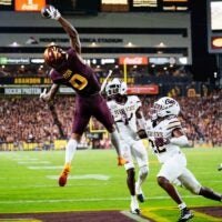 Sep 13, 2025; Tempe, Arizona, USA; Arizona State Sun Devils wide receiver Jordyn Tyson (0) attempted to make a one handed catch against Texas State Bobcats at Mountain America Stadium. Mandatory Credit: Arianna Grainey-Imagn Images