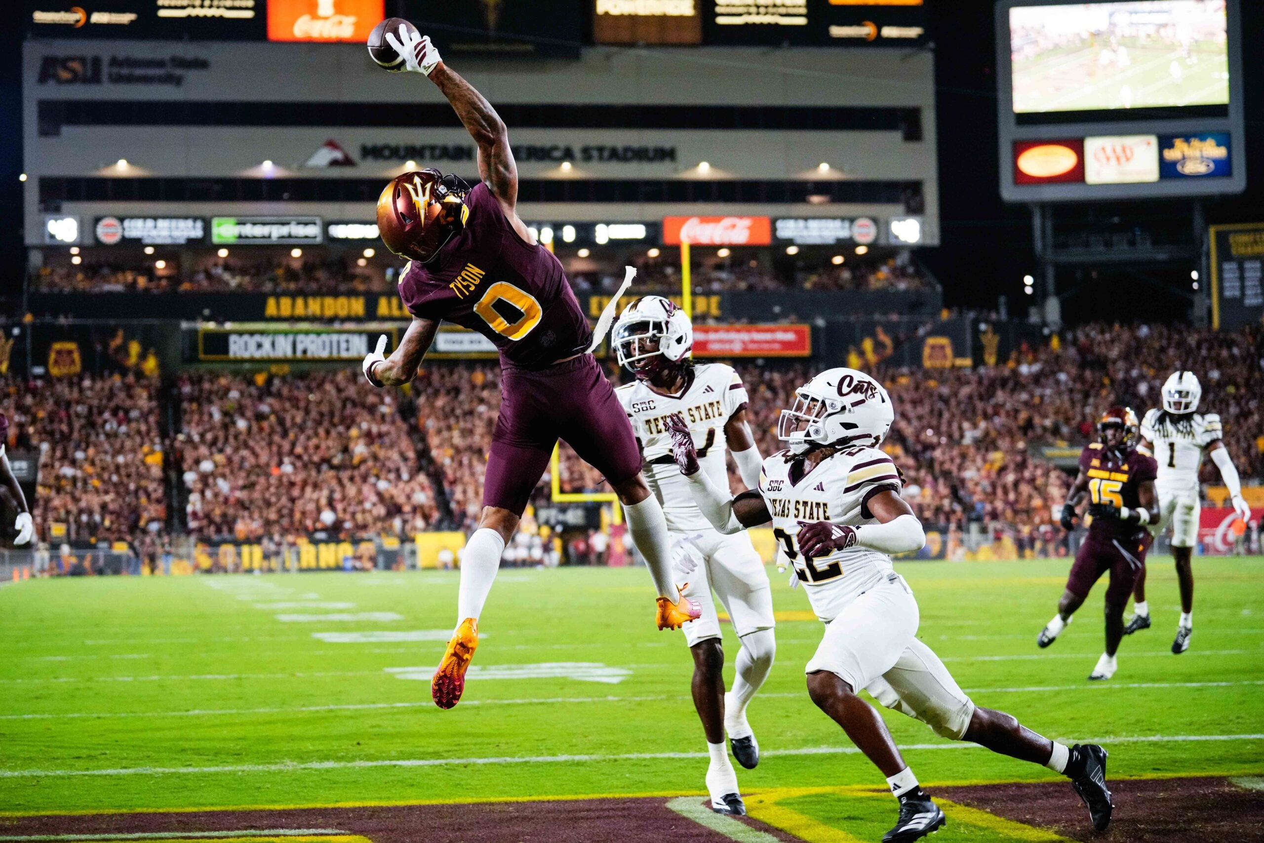 Sep 13, 2025; Tempe, Arizona, USA; Arizona State Sun Devils wide receiver Jordyn Tyson (0) attempted to make a one handed catch against Texas State Bobcats at Mountain America Stadium. Mandatory Credit: Arianna Grainey-Imagn Images