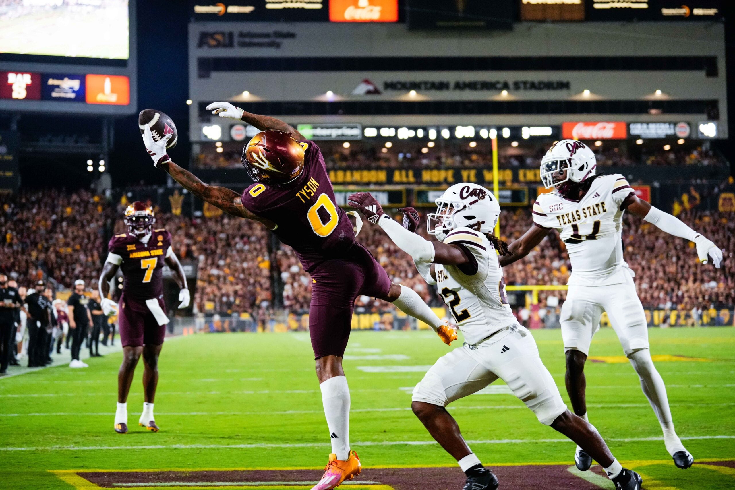 Sep 13, 2025; Tempe, Arizona, USA; Arizona State Sun Devils wide receiver Jordyn Tyson (0) attempted to make a one handed catch against Texas State Bobcats at Mountain America Stadium.