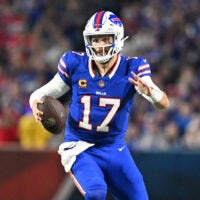 Sep 18, 2025; Orchard Park, New York, USA; Buffalo Bills quarterback Josh Allen (17) runs against the Miami Dolphins in the second half at Highmark Stadium.