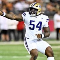 Sep 20, 2025; Pullman, Washington, USA; Washington Huskies defensive lineman Anterio Thompson (54) celebrates a Washington State Cougars turnover in the second half of Apple Cup at Gesa Field at Martin Stadium. Washington Huskies won 59-24.