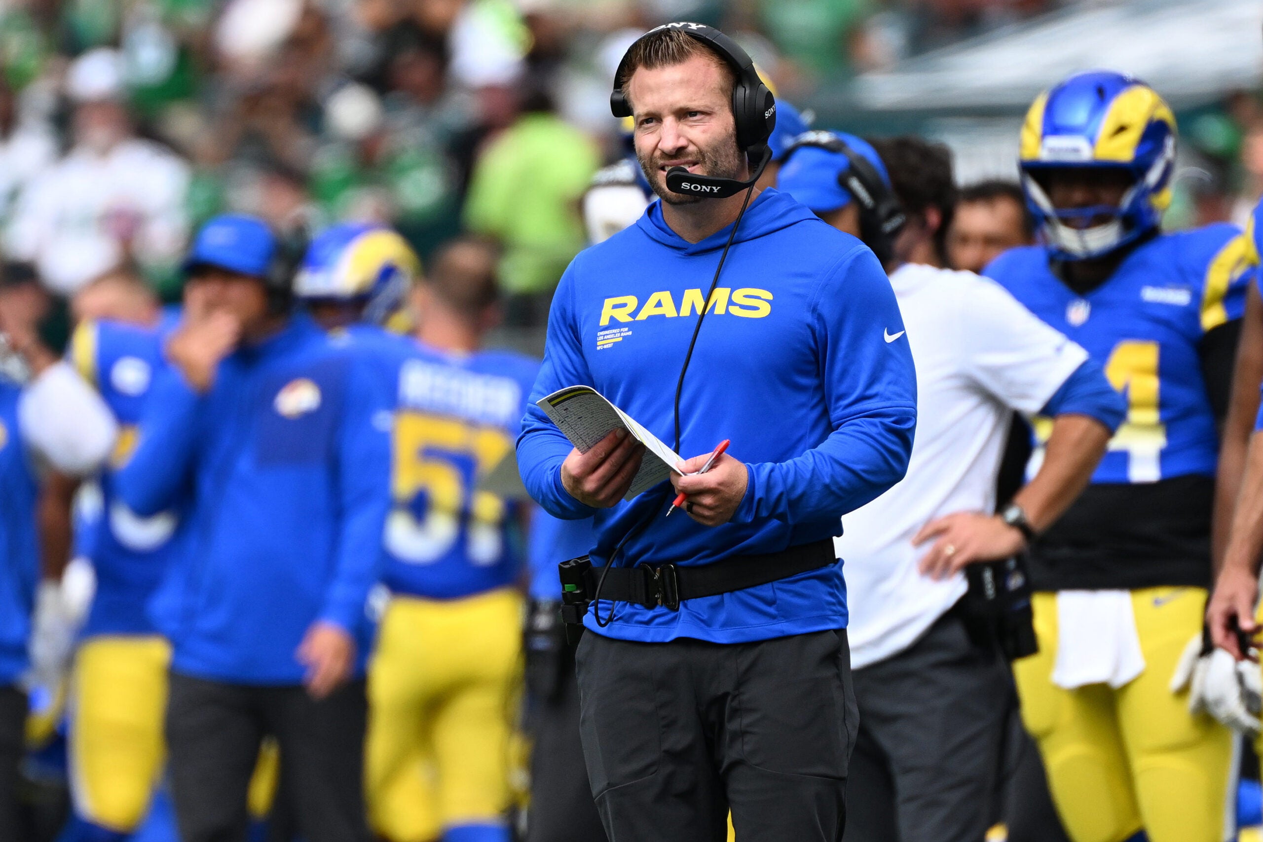 Sep 21, 2025; Philadelphia, Pennsylvania, USA; Los Angeles Rams head coach Sean McVay during the first half at Lincoln Financial Field.