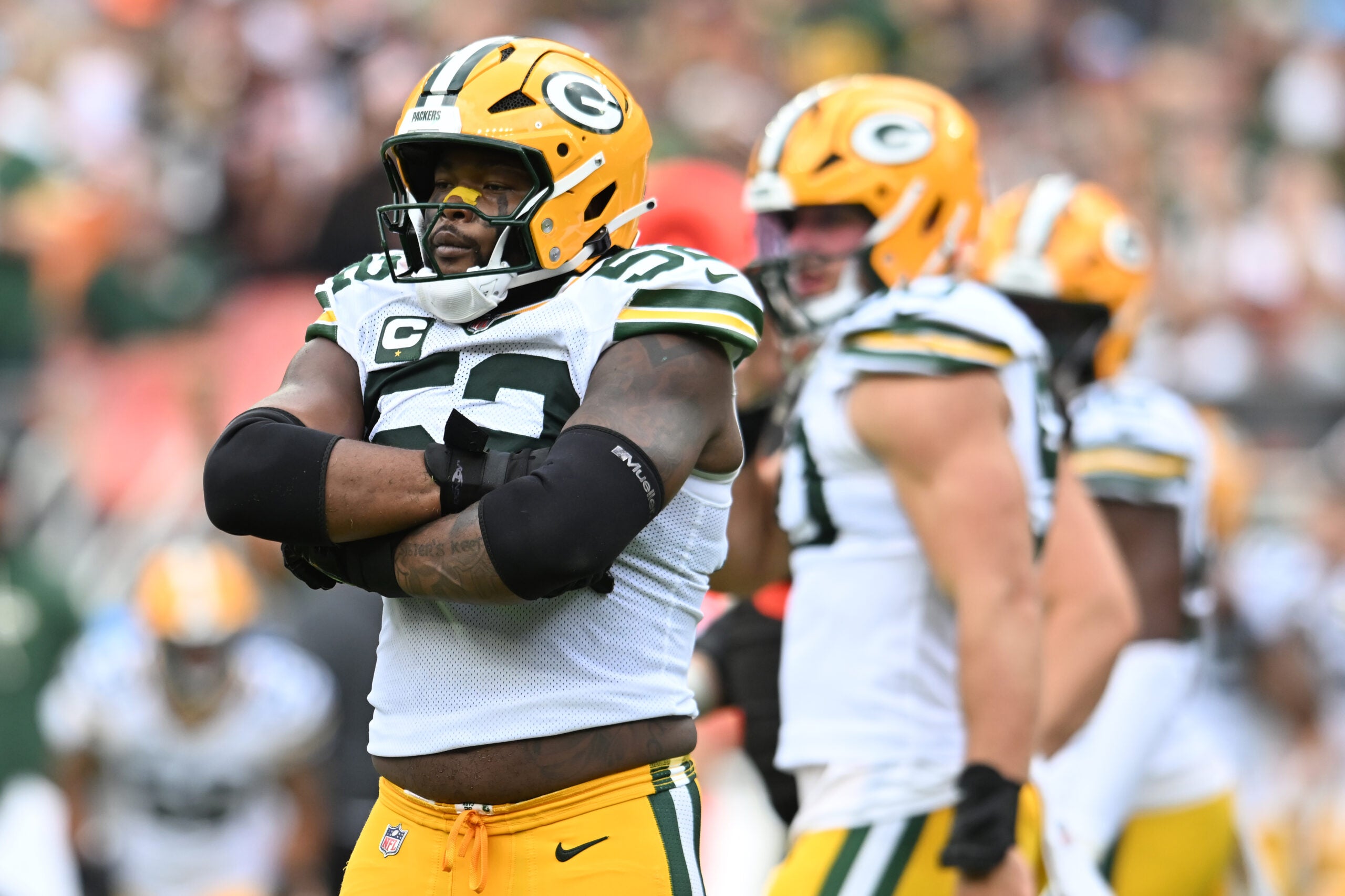 Sep 21, 2025; Cleveland, Ohio, USA; Green Bay Packers defensive end Rashan Gary (52) celebrates after a sack against the Cleveland Browns during the second half at Huntington Bank Field.