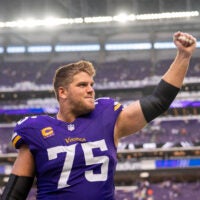 Sep 21, 2025; Minneapolis, Minnesota, USA; Minnesota Vikings offensive tackle Brian O'Neill (75) reacts towards the fans following the game against the Cincinnati Bengals at U.S. Bank Stadium.
