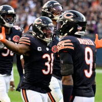 Sep 21, 2025; Chicago, Illinois, USA; Chicago Bears free safety Kevin Byard (31) reacts against the Dallas Cowboys during the second half at Soldier Field.