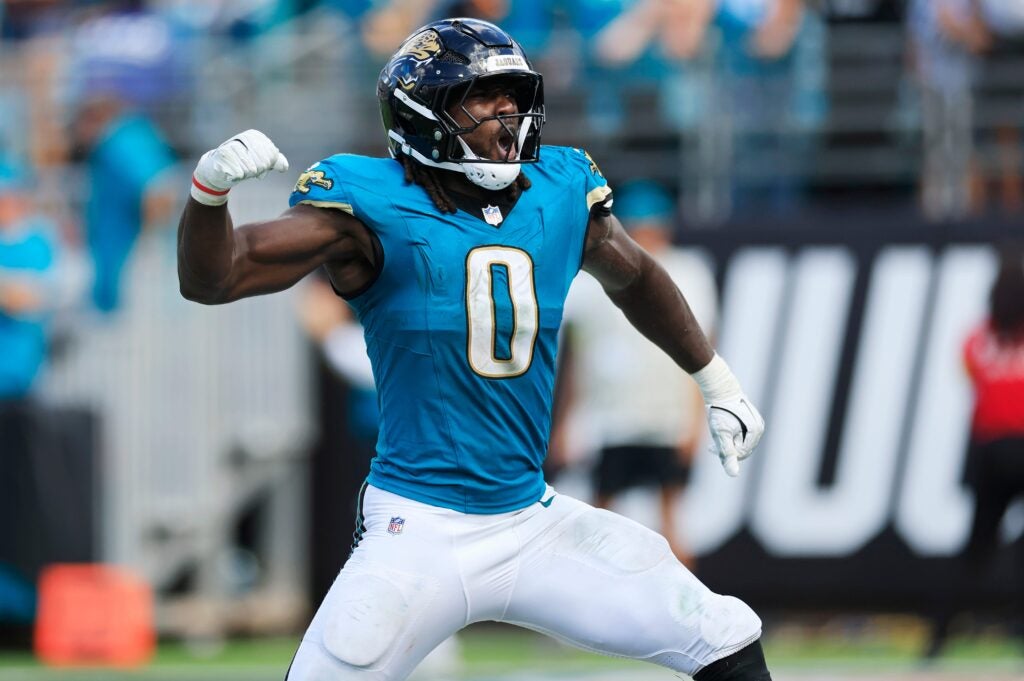 Jacksonville Jaguars linebacker Devin Lloyd (0) reacts to his fumble recovery during the fourth quarter of an NFL football matchup at EverBank Stadium, Sunday, Sept. 21, 2025, in Jacksonville, Fla. The Jaguars defeated the Texans 17-10.