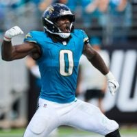 Jacksonville Jaguars linebacker Devin Lloyd (0) reacts to his fumble recovery during the fourth quarter of an NFL football matchup at EverBank Stadium, Sunday, Sept. 21, 2025, in Jacksonville, Fla. The Jaguars defeated the Texans 17-10.