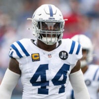 Sep 21, 2025; Nashville, Tennessee, USA; Indianapolis Colts outside linebacker Zaire Franklin (44) sneaks a peak into the backfield against the Tennessee Titans during the first half at Nissan Stadium.