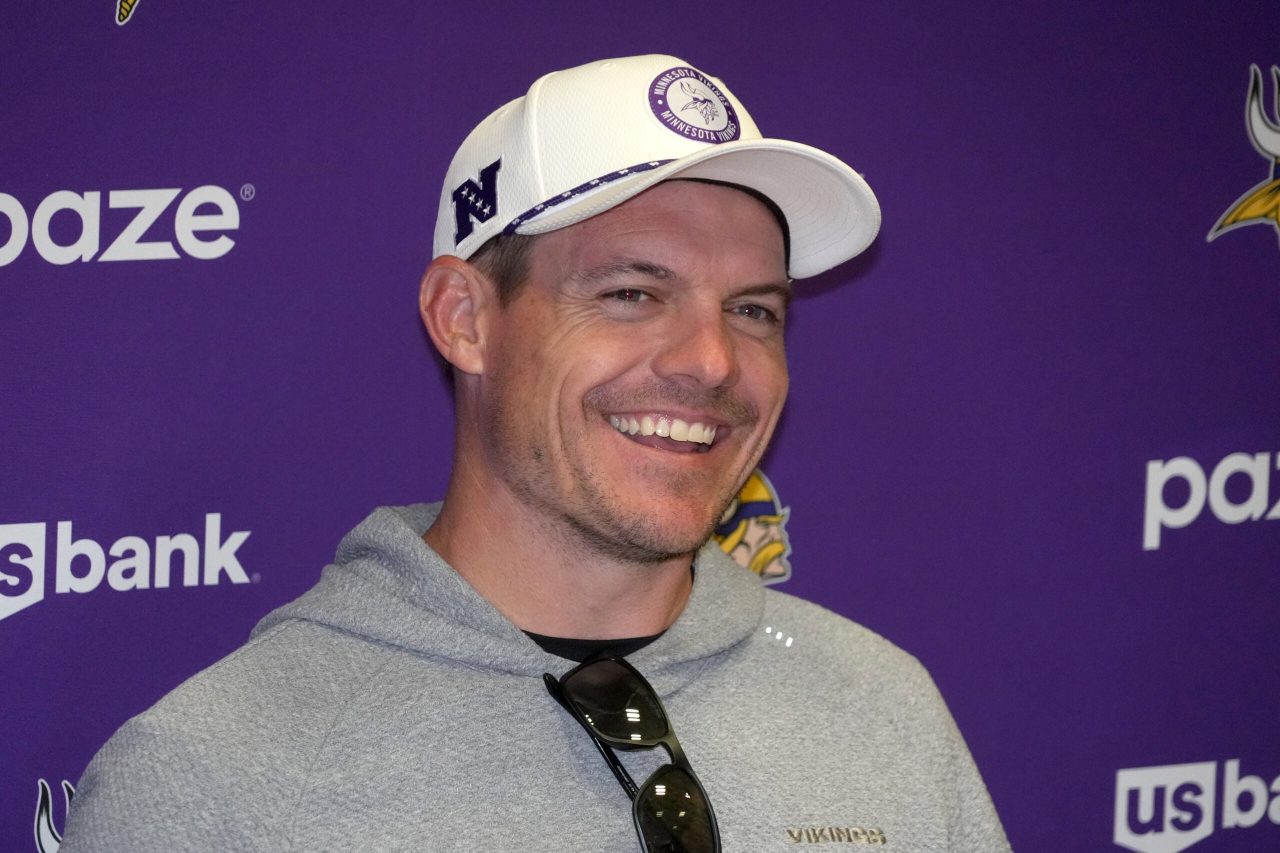 Sep 26, 2025; Dublin, Ireland; Minnesota Vikings coach Kevin O'Connell at press conference at Sport Ireland Campus.