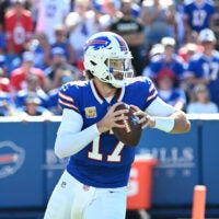 Sep 28, 2025; Orchard Park, New York, USA; Buffalo Bills quarterback Josh Allen (17) runs in the pocket during the second quarter against the New Orleans Saints at Highmark Stadium.