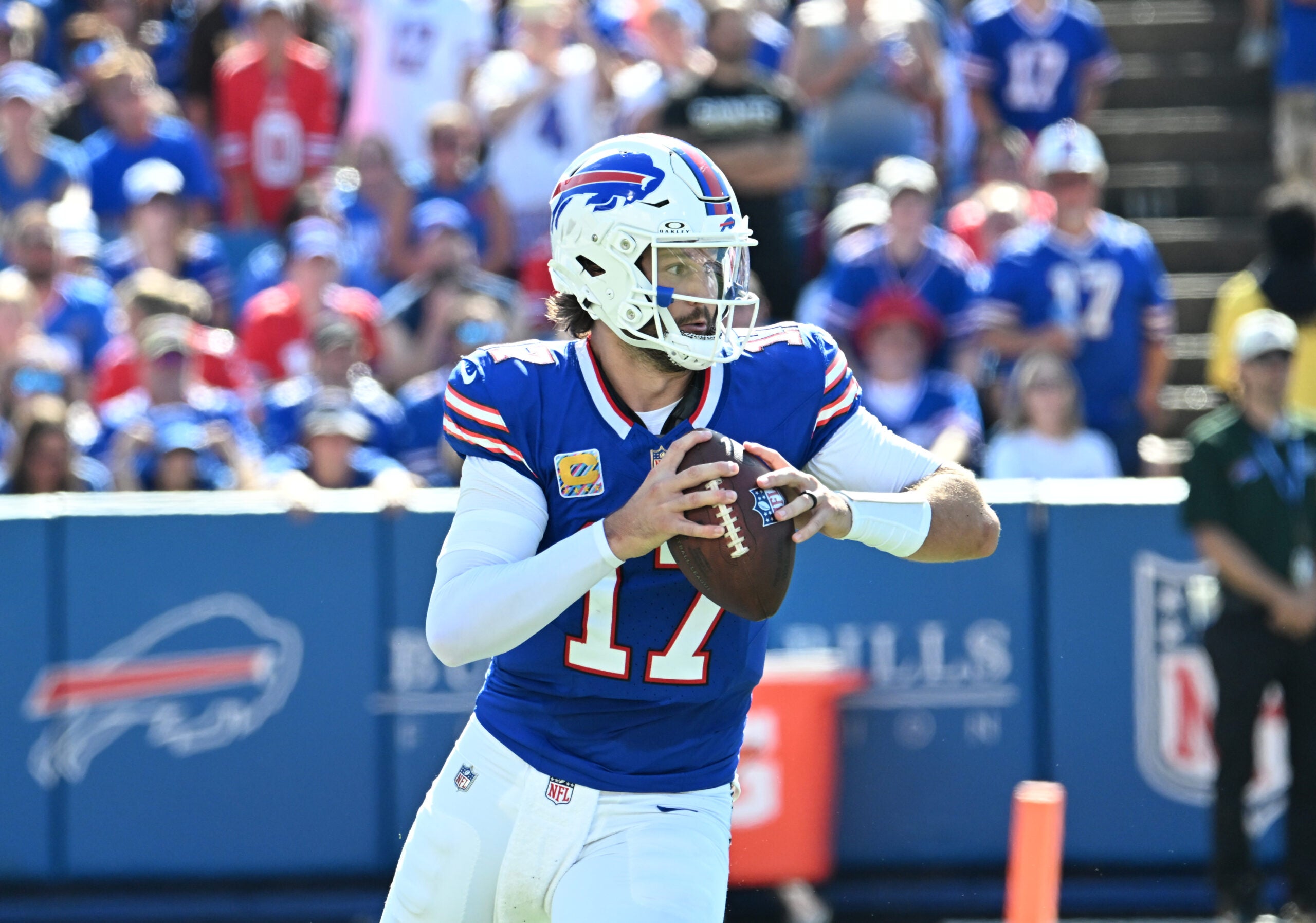Sep 28, 2025; Orchard Park, New York, USA; Buffalo Bills quarterback Josh Allen (17) runs in the pocket during the second quarter against the New Orleans Saints at Highmark Stadium.
