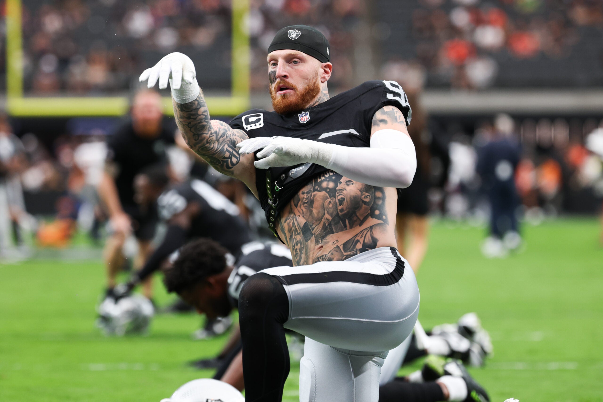 Sep 28, 2025; Paradise, Nevada, USA; Las Vegas Raiders defensive end Maxx Crosby (98) warms up prior to the game against the Chicago Bears at Allegiant Stadium.