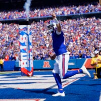 Sep 28, 2025; Orchard Park, New York, USA; Buffalo Bills quarterback Josh Allen (17) runs out prior to a game against the New Orleans Saints at Highmark Stadium.