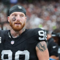 Sep 28, 2025; Paradise, Nevada, USA; Las Vegas Raiders defensive end Maxx Crosby (98) looks on from the sideline during the first quarter against the Chicago Bears at Allegiant Stadium.
