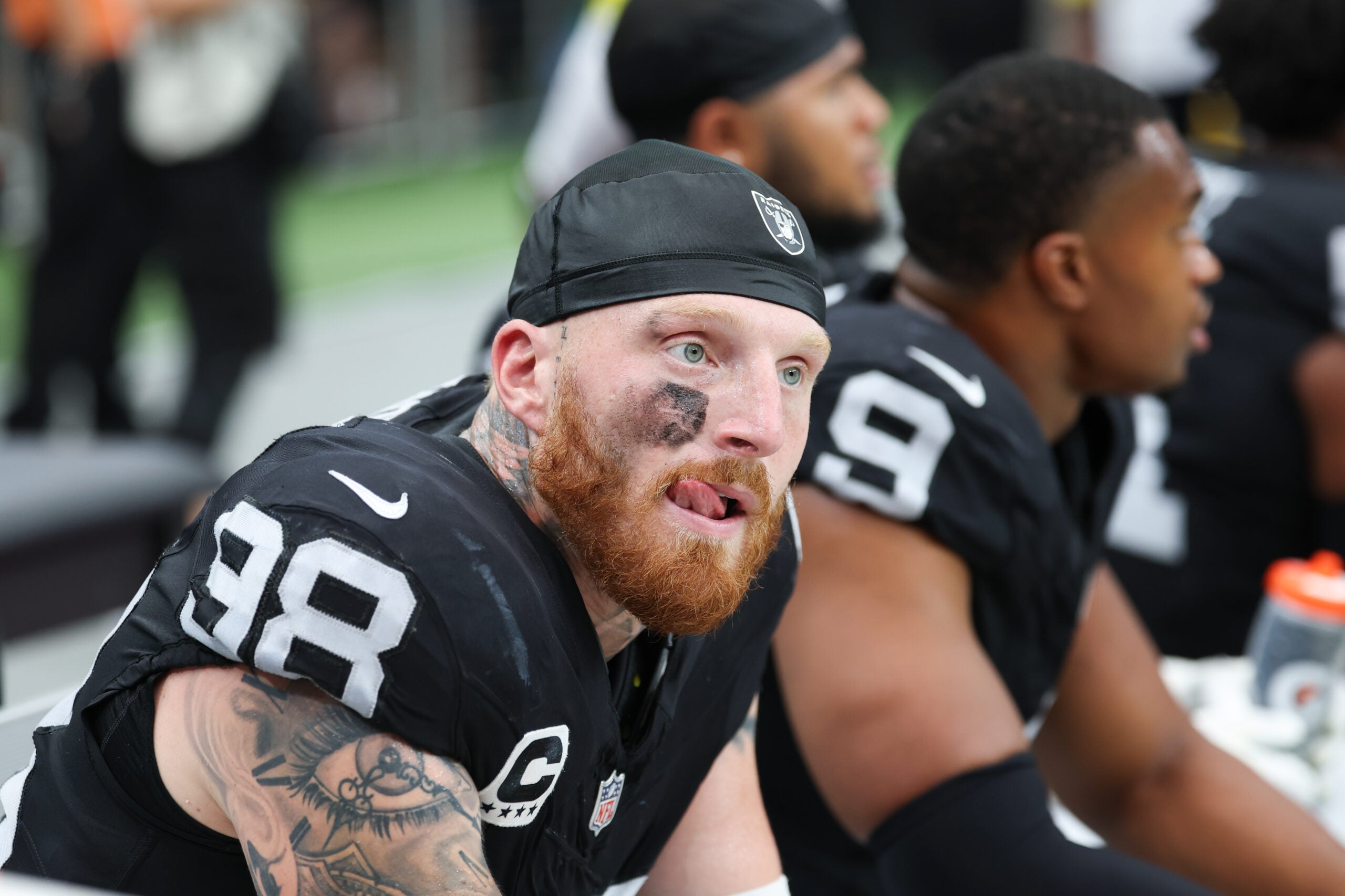 Sep 28, 2025; Paradise, Nevada, USA; Las Vegas Raiders defensive end Maxx Crosby (98) looks on from the sideline during the first quarter against the Chicago Bears at Allegiant Stadium.