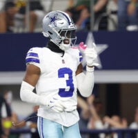 Sep 28, 2025; Arlington, Texas, USA; Dallas Cowboys wide receiver George Pickens (3) celebrates after scoring a touchdown in the fourth quarter against the Green Bay Packers at AT&T Stadium.