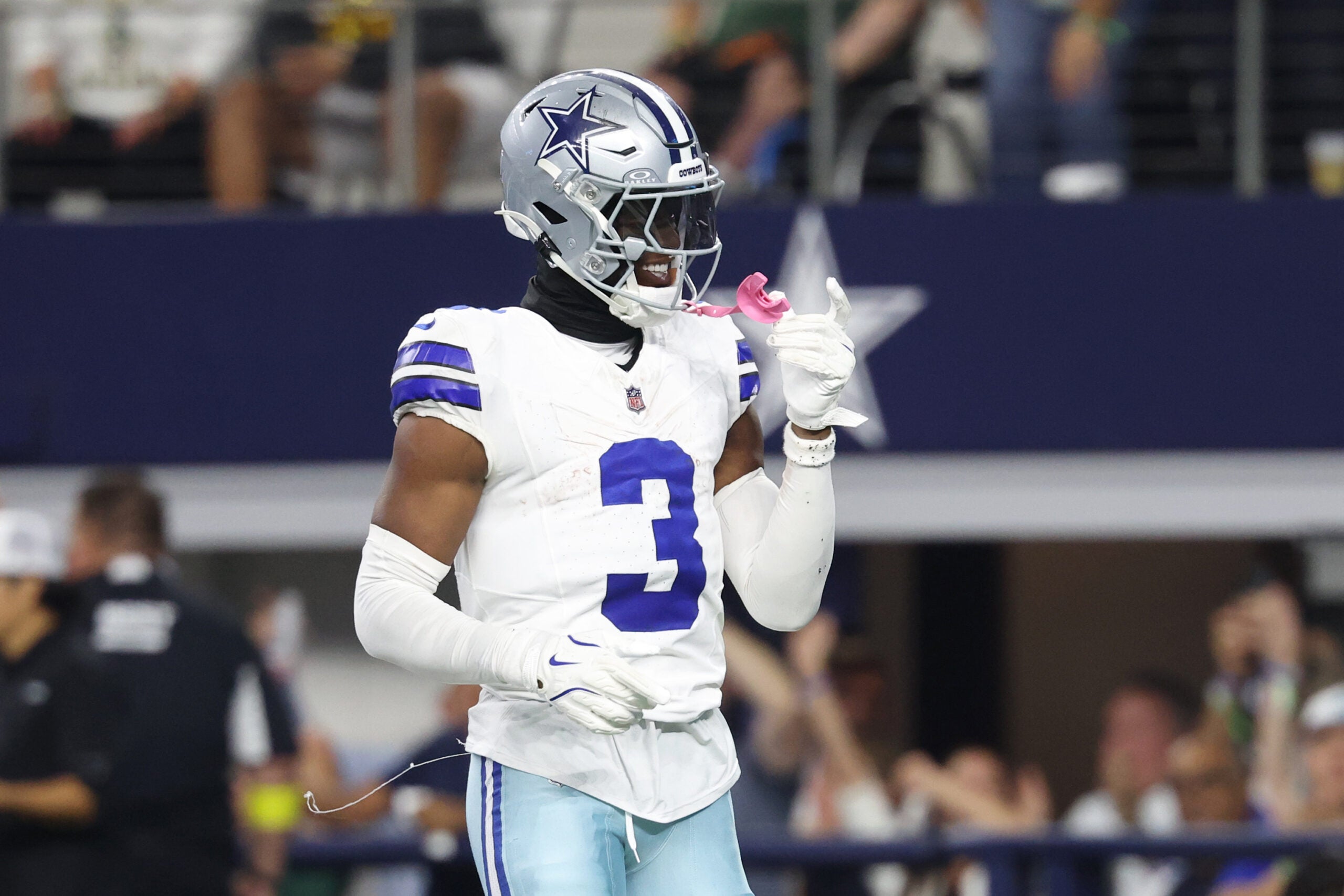 Sep 28, 2025; Arlington, Texas, USA; Dallas Cowboys wide receiver George Pickens (3) celebrates after scoring a touchdown in the fourth quarter against the Green Bay Packers at AT&T Stadium.