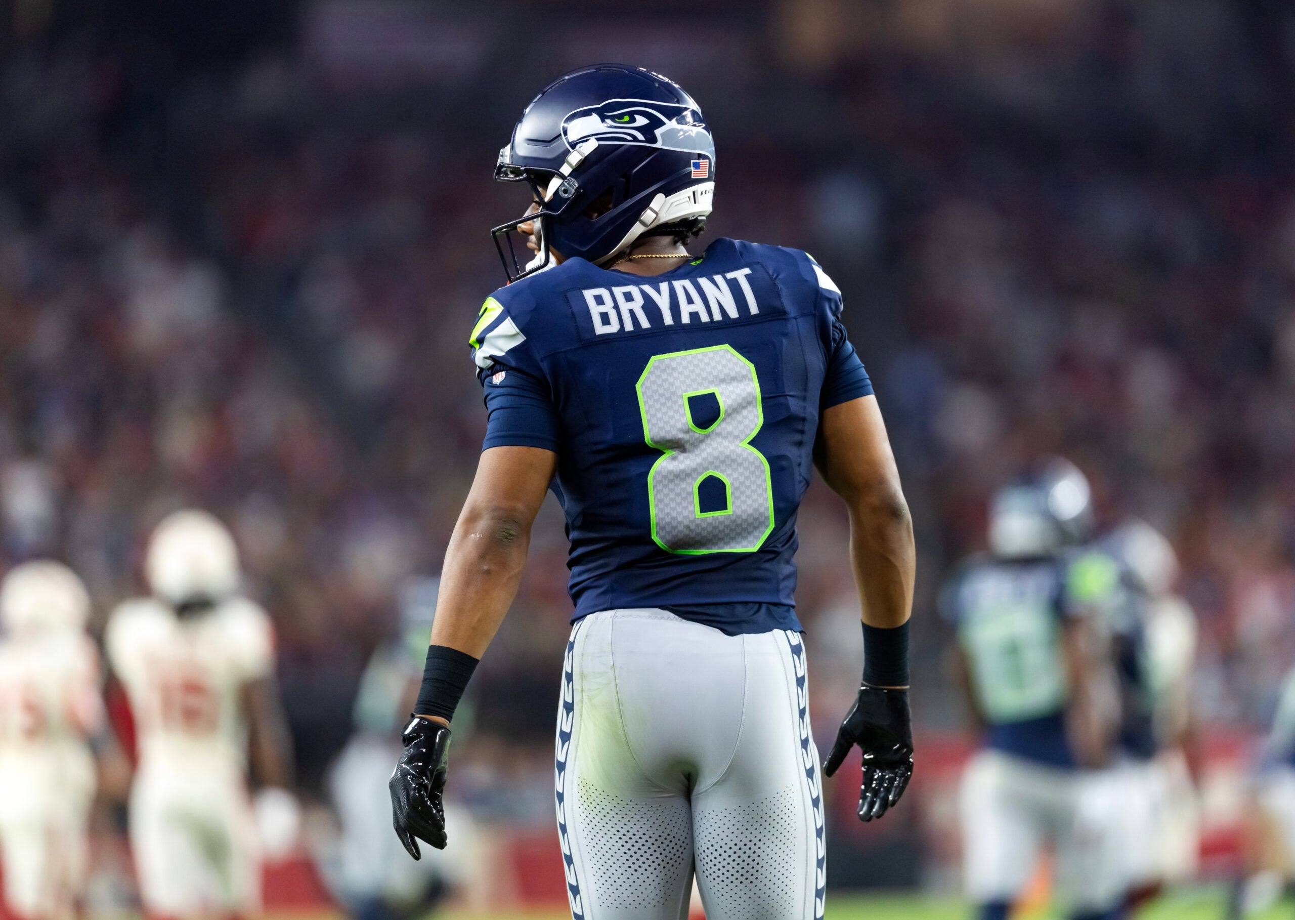 Sep 25, 2025; Glendale, Arizona, USA; Detailed view of the jersey of Seattle Seahawks safety Coby Bryant (8) against the Arizona Cardinals at State Farm Stadium.