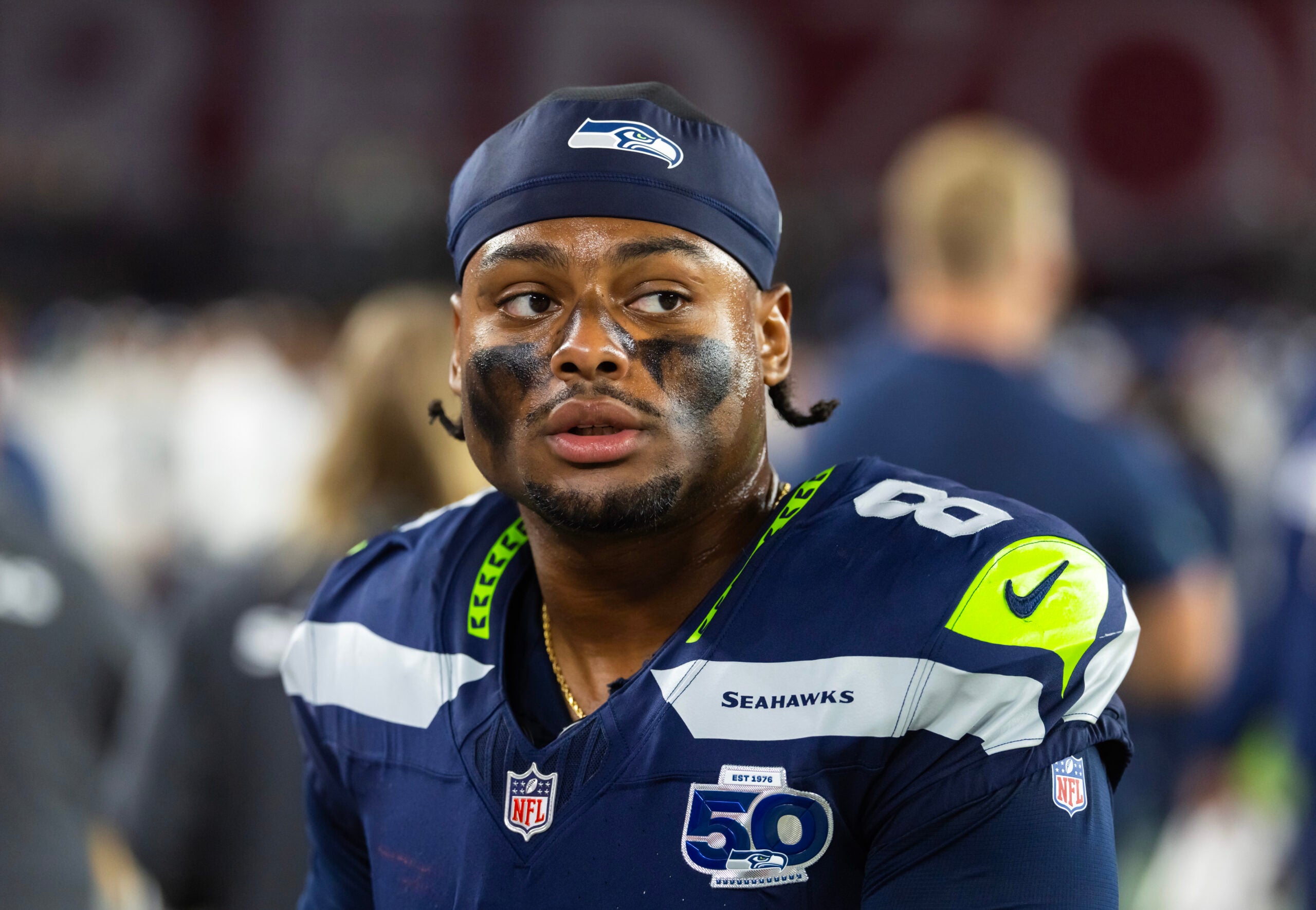 Sep 25, 2025; Glendale, Arizona, USA; Seattle Seahawks safety Coby Bryant (8) against the Arizona Cardinals at State Farm Stadium.