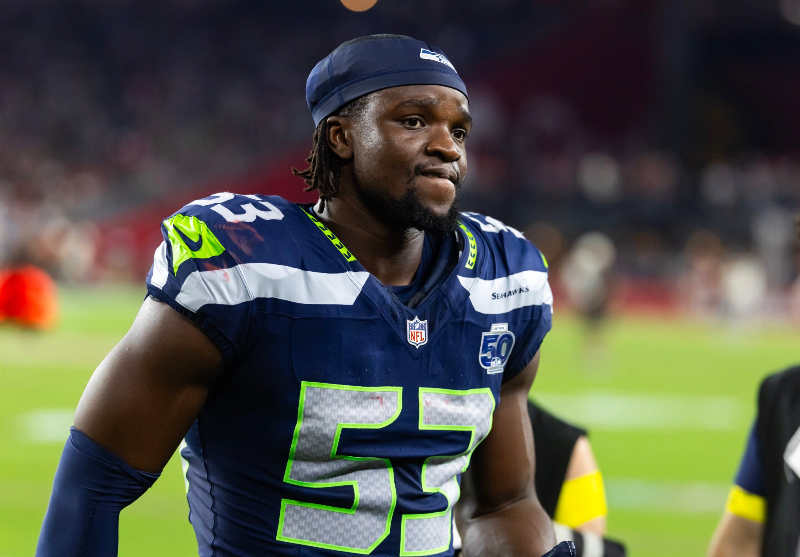 Sep 25, 2025; Glendale, Arizona, USA; Seattle Seahawks linebacker Boye Mafe (53) against the Arizona Cardinals at State Farm Stadium.