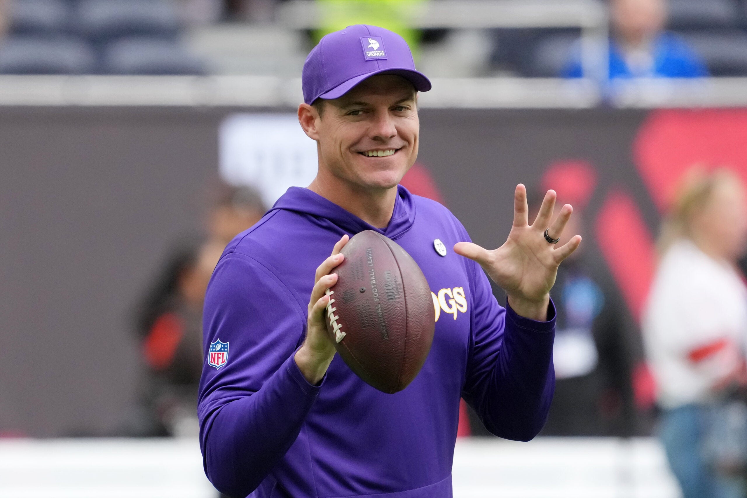 Oct 5, 2025; Tottenham, United Kingdom; Minnesota Vikings head coach Kevin O'Connell during warmups before an NFL International Series game between the Minnesota Vikings and the Cleveland Browns at Tottenham Hotspur Stadium.