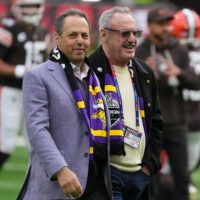 Oct 5, 2025; Tottenham, United Kingdom; Minnesota Vikings owners Mark Wilf (left) and Zygi Wilf during an NFL International Series game against the Cleveland Browns at Tottenham Hotspur Stadium.