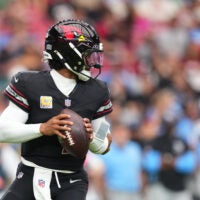 Oct 5, 2025; Glendale, Arizona, USA; Arizona Cardinals quarterback Kyler Murray (1) looks to throw against the Tennessee Titans during the second quarter at State Farm Stadium.