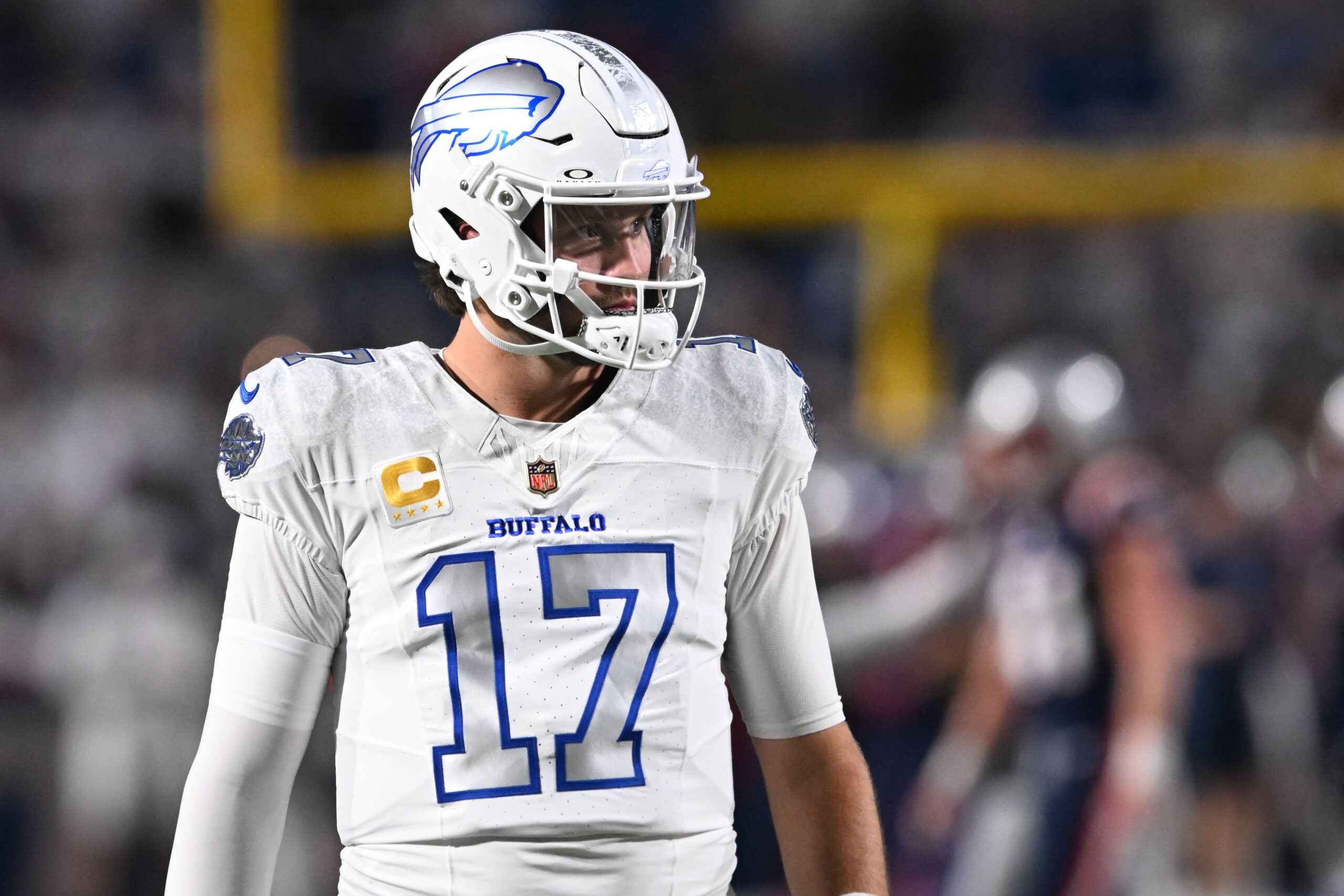 Oct 5, 2025; Orchard Park, New York, USA; Buffalo Bills quarterback Josh Allen (17) practices before the game at Highmark Stadium.