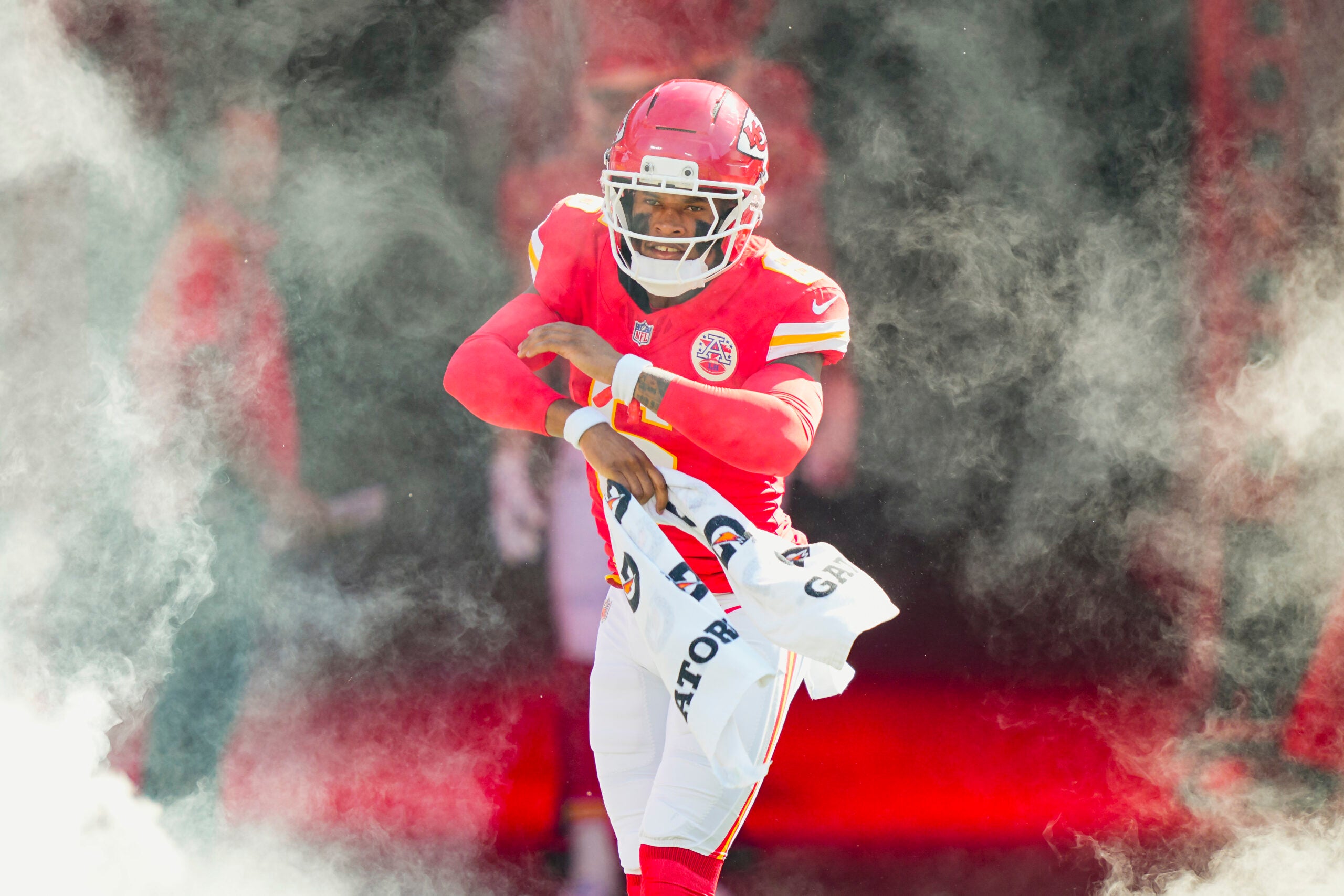 Sep 28, 2025; Kansas City, Missouri, USA; Kansas City Chiefs safety Bryan Cook (6) takes the field prior to a game against the Baltimore Ravens at GEHA Field at Arrowhead Stadium.
