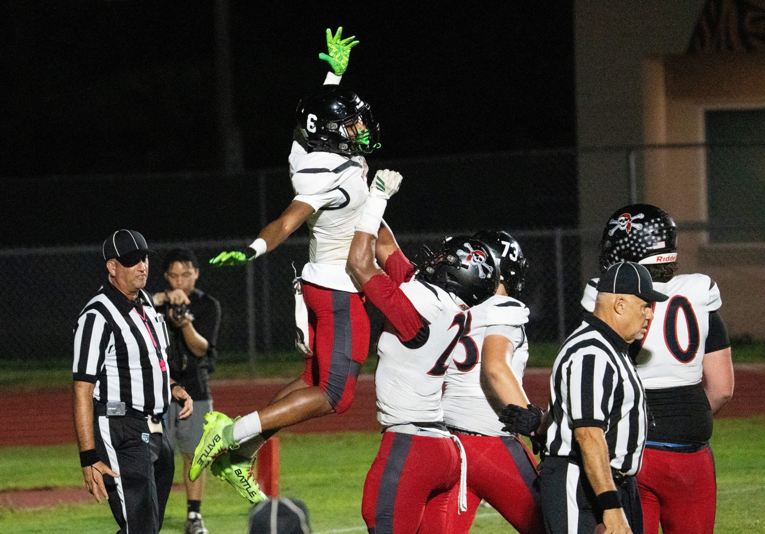 Elias Pearl , #6, of Port Charlotte celebrates a touchdown during a game against Dunbar at Dunbar on Friday, Oct. 10, 2025. Port Charlotte won.