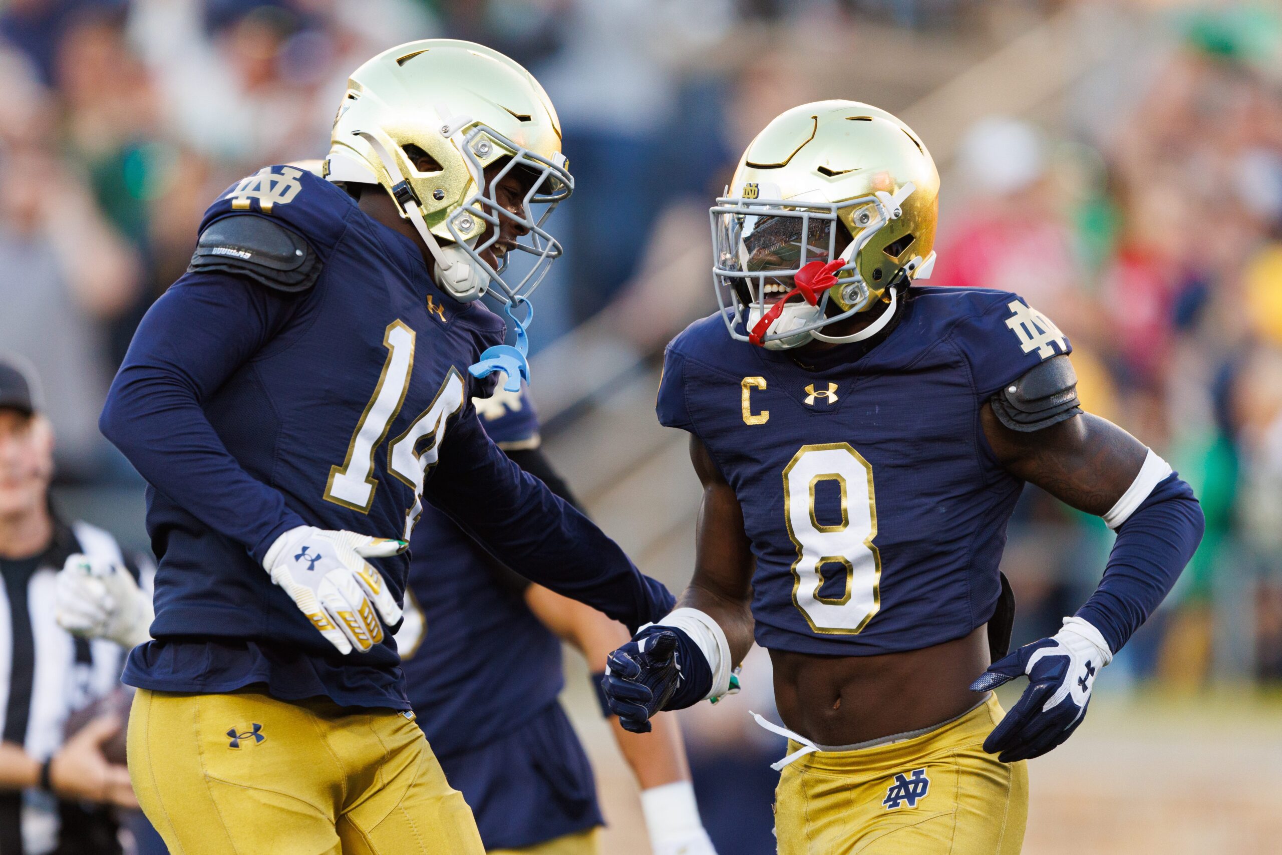 Notre Dame safety Adon Shuler (8) celebrates after intercepting a pass in the second half of a NCAA football game against NC State at Notre Dame Stadium on Saturday, Oct. 11, 2025, in South Bend.