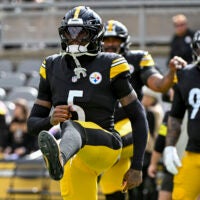 Oct 12, 2025; Pittsburgh, Pennsylvania, USA; Pittsburgh Steelers cornerback Jalen Ramsey (5) warms up before the game at Acrisure Stadium.