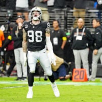 Oct 12, 2025; Paradise, Nevada, USA; Las Vegas Raiders defensive end Maxx Crosby (98) reacts after a play during the second half against the Tennessee Titans at Allegiant Stadium.