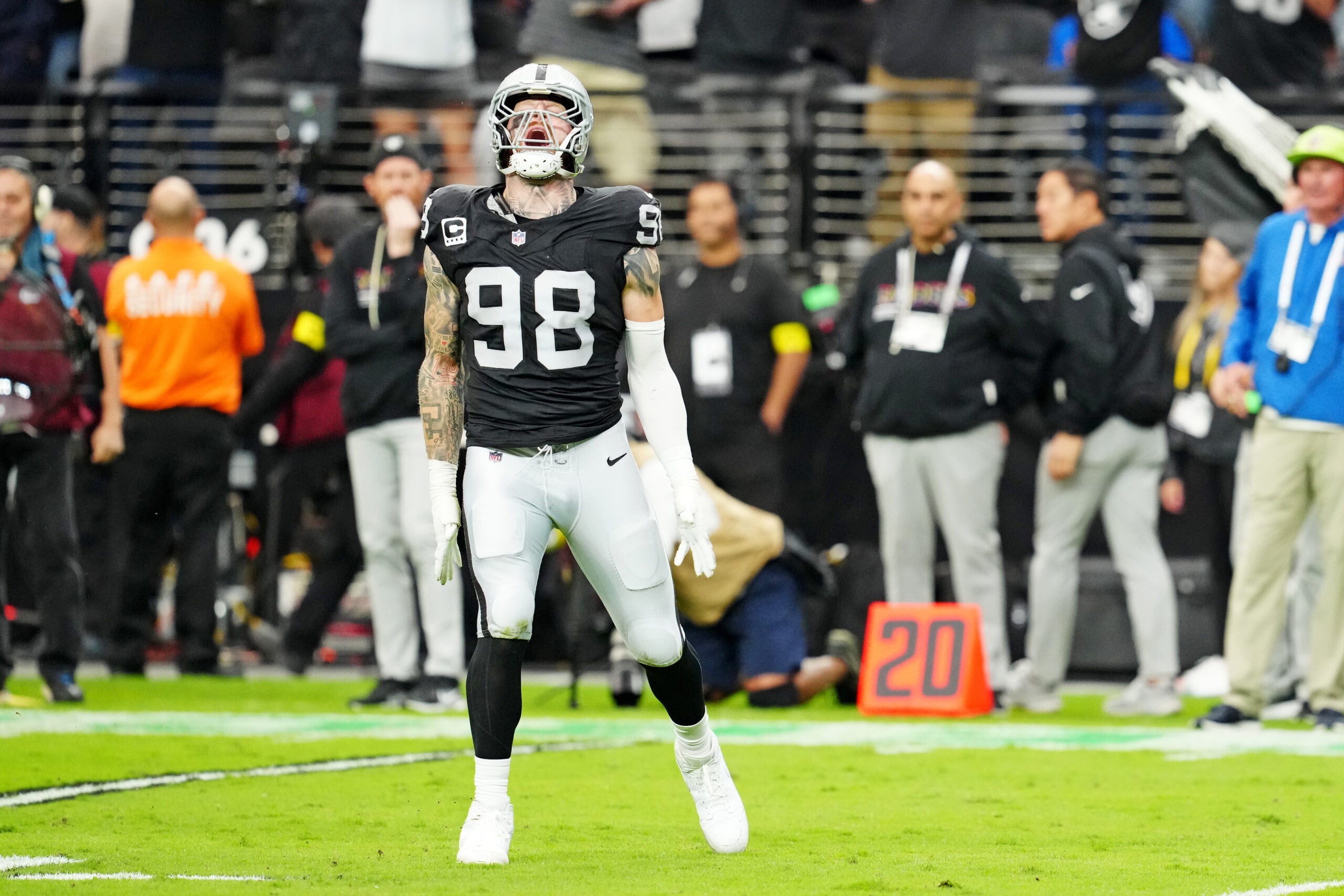 Oct 12, 2025; Paradise, Nevada, USA; Las Vegas Raiders defensive end Maxx Crosby (98) reacts after a play during the second half against the Tennessee Titans at Allegiant Stadium.