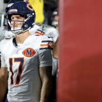 Oct 13, 2025; Landover, Maryland, USA; Chicago Bears quarterback Tyson Bagent (17) walks out to the field before the game against the Washington Commanders at Northwest Stadium.
