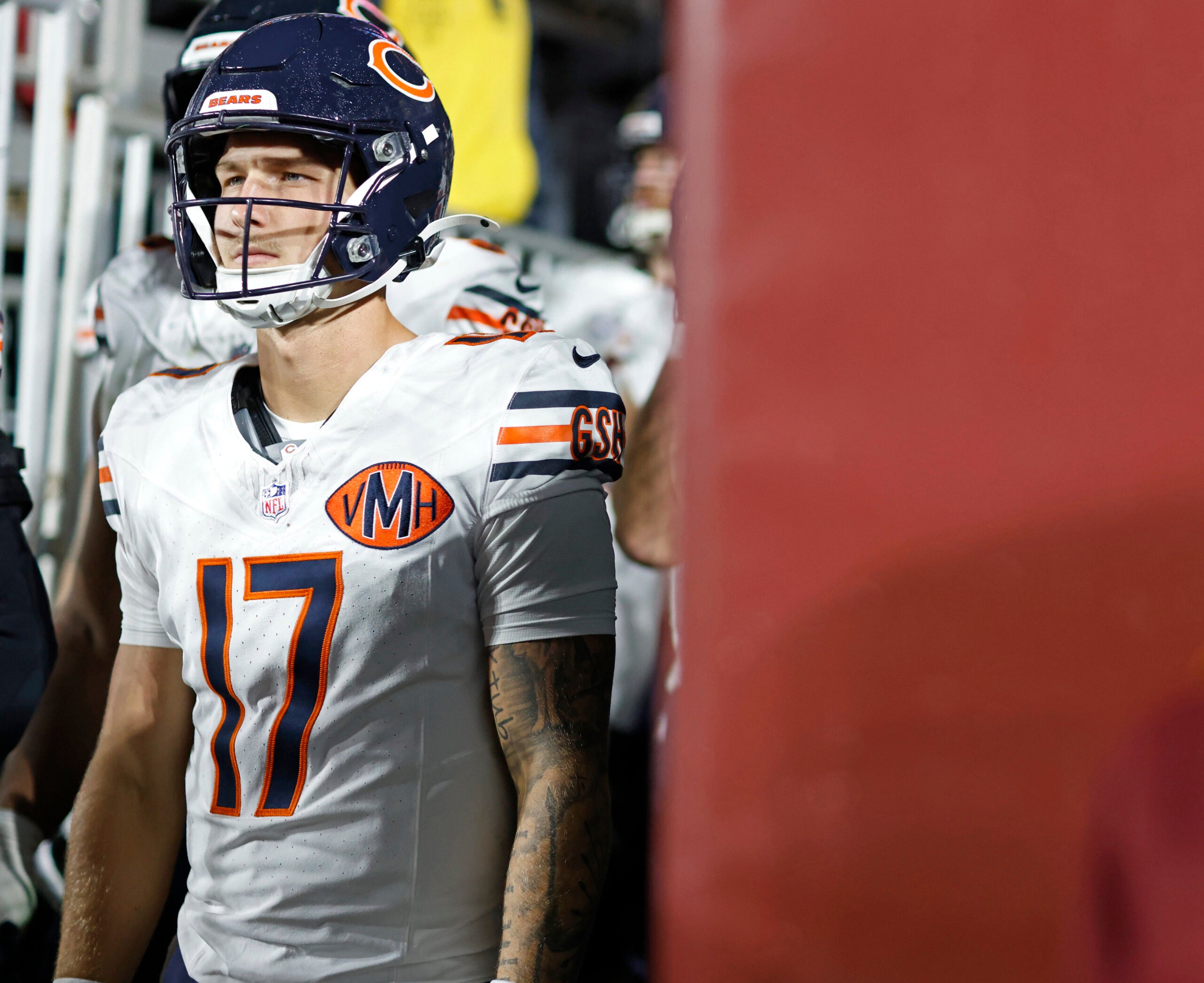 Oct 13, 2025; Landover, Maryland, USA; Chicago Bears quarterback Tyson Bagent (17) walks out to the field before the game against the Washington Commanders at Northwest Stadium.