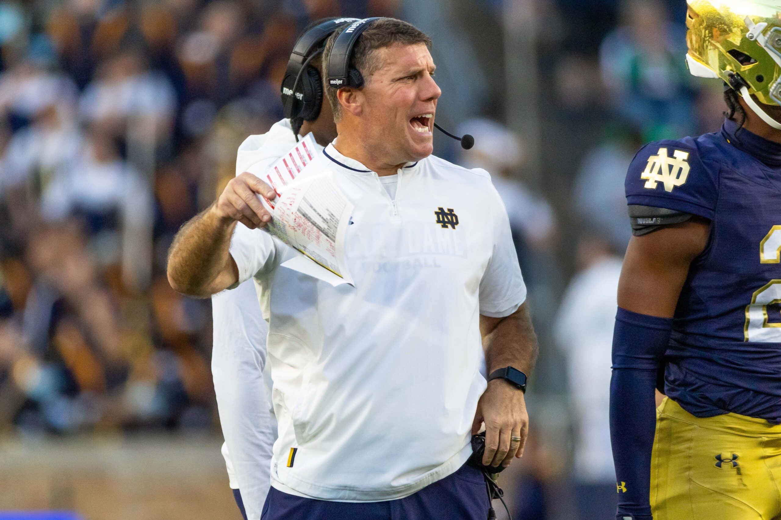 Oct 11, 2025; South Bend, Indiana, USA; Notre Dame defensive coordinator Chris Ash during the second half at Notre Dame Stadium. Mandatory Credit: Michael Caterina-Imagn Images