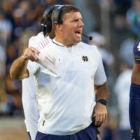 Oct 11, 2025; South Bend, Indiana, USA; Notre Dame defensive coordinator Chris Ash during the second half at Notre Dame Stadium.