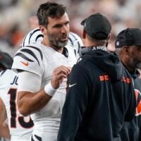 Cincinnati Bengals quarterback Joe Flacco (16) smiles with head coach Zac Taylor in the second quarter of the NFL Week 7 game between the Cincinnati Bengals and the Pittsburgh Steelers at Paycor Stadium in downtown Cincinnati on Thursday, Oct. 16, 2025.