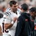 Cincinnati Bengals quarterback Joe Flacco (16) smiles with head coach Zac Taylor in the second quarter of the NFL Week 7 game between the Cincinnati Bengals and the Pittsburgh Steelers at Paycor Stadium in downtown Cincinnati on Thursday, Oct. 16, 2025.