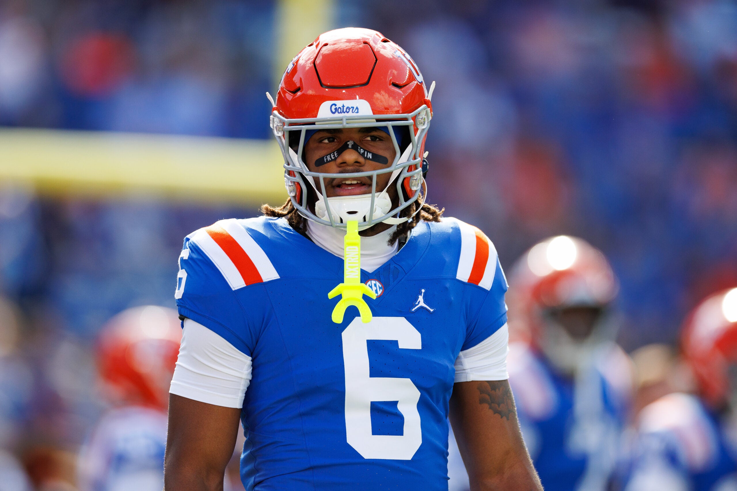 Oct 18, 2025; Gainesville, Florida, USA; Florida Gators wide receiver Dallas Wilson (6) looks on before a game against the Mississippi State Bulldogs at Ben Hill Griffin Stadium.