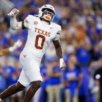 Oct 18, 2025; Lexington, Kentucky, USA; Texas Longhorns linebacker Anthony Hill Jr. (0) celebrates after the Kentucky Wildcats fail to score in overtime at Kroger Field.